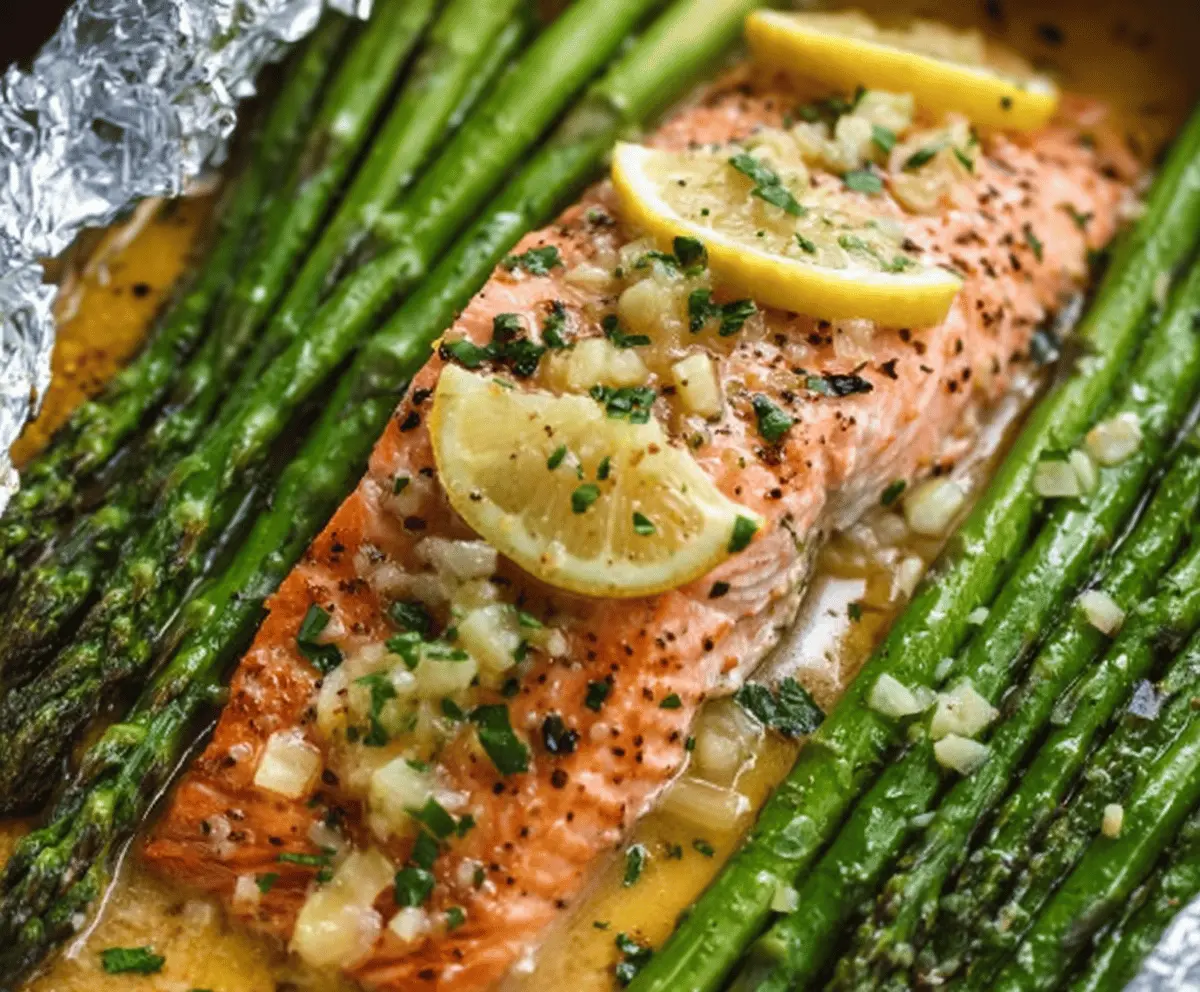 Easy Baked Salmon with Asparagus and Lemon Garlic Butter
