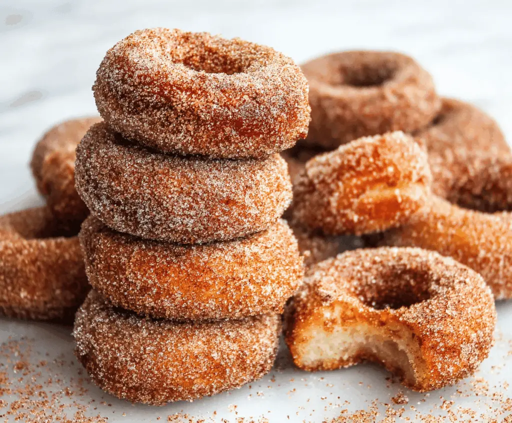 Delicious homemade apple cider donuts with a cinnamon sugar coating on a rustic wooden surface, perfect for fall baking.