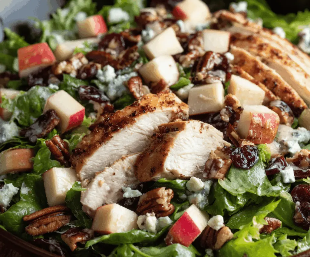 Fresh apple pecan chicken salad with mixed greens and a light vinaigrette in a bowl, perfect for a healthy meal