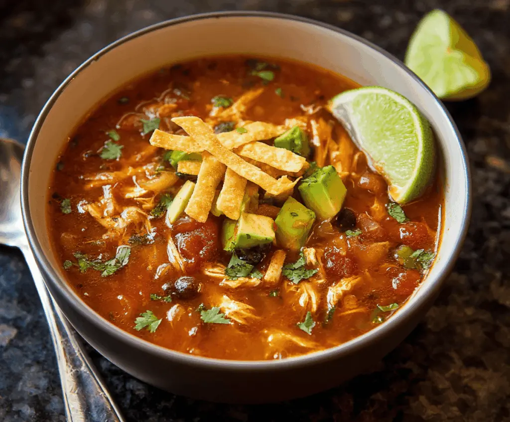 A steaming bowl of authentic chicken tortilla soup garnished with fresh cilantro, lime wedges, shredded chicken, and crispy tortilla strips, served in a rustic bowl on a wooden table.