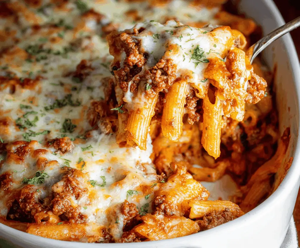 Delicious baked ziti with ground beef, melted cheese, and marinara sauce served in a casserole dish