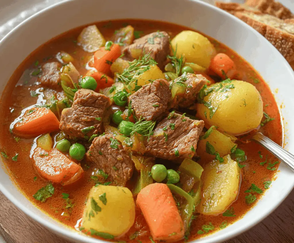 A hearty beef and vegetable stew with tender beef chunks, carrots, potatoes, and green beans in a savory broth served in a rustic bowl.