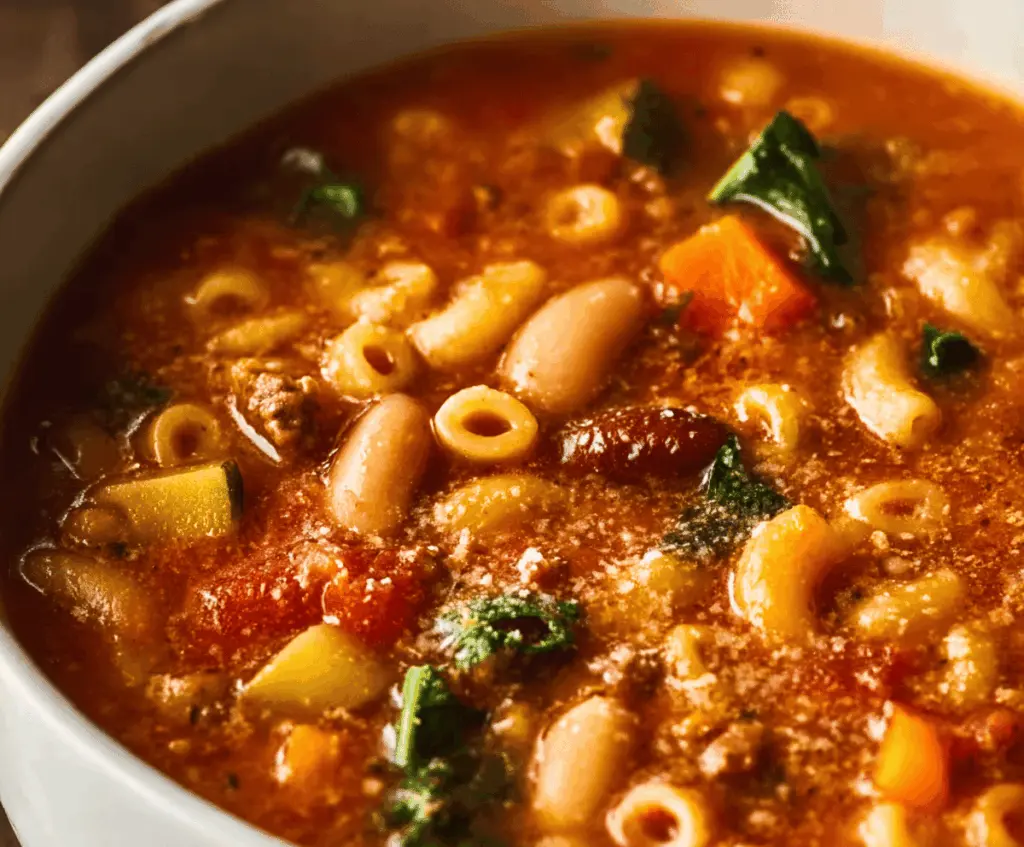 A bowl of hearty Pasta Fagioli Soup garnished with fresh herbs, featuring beans, pasta, vegetables, and savory broth for a comforting Italian-inspired meal.