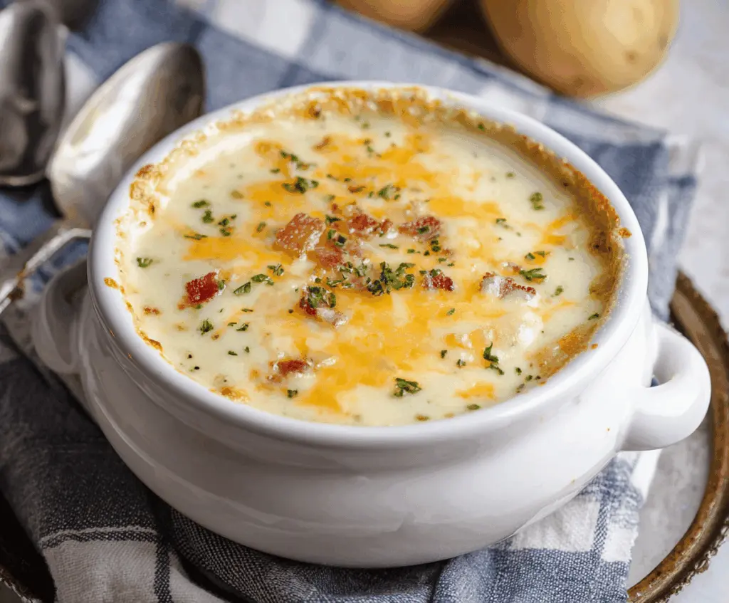 Creamy cheesy baked potato soup garnished with fresh herbs, served in a bowl with a spoon for a comforting, hearty meal.