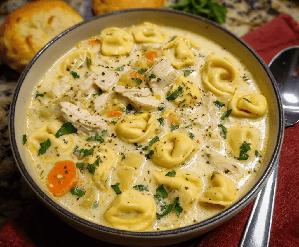 Creamy Chicken Alfredo Tortellini Soup with tender tortellini, sliced chicken, spinach, and parmesan cheese in a rich Alfredo broth