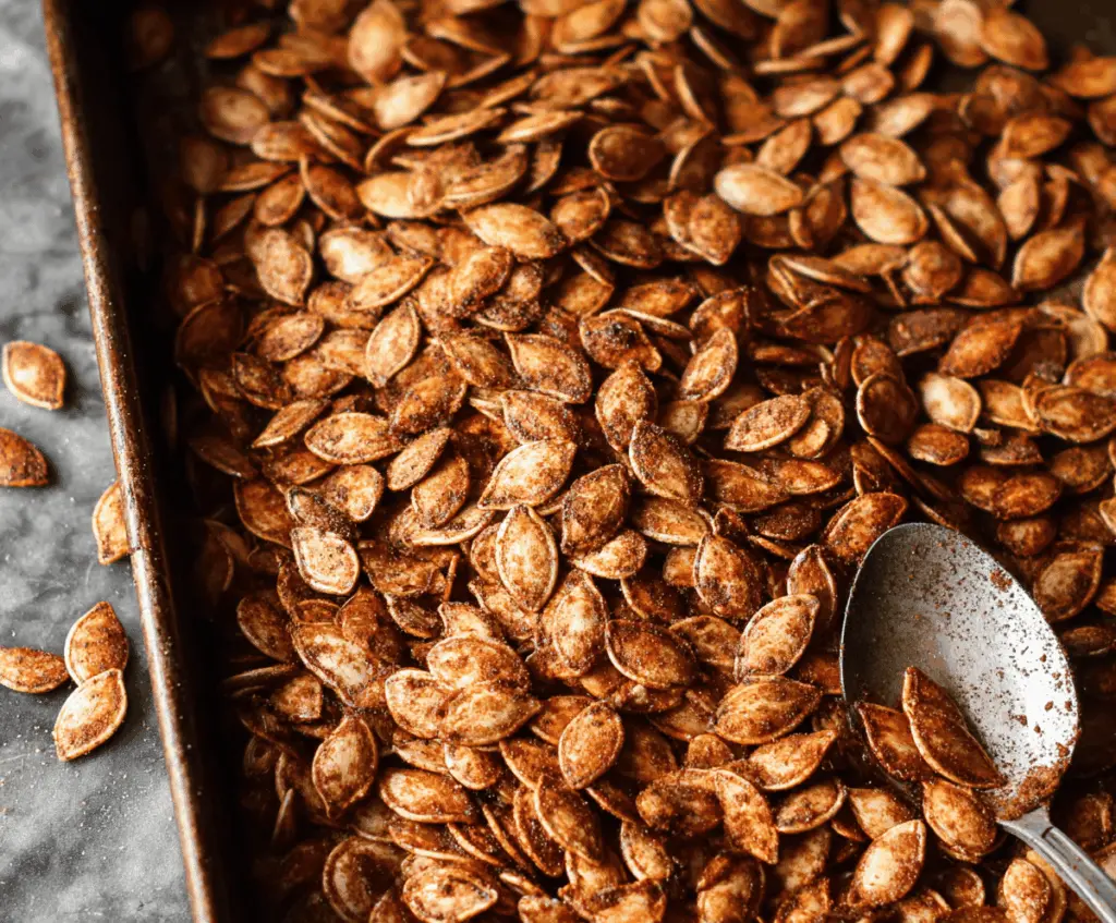 Crunchy cinnamon sugar roasted pumpkin seeds on a white plate, perfect for snacking or fall recipes