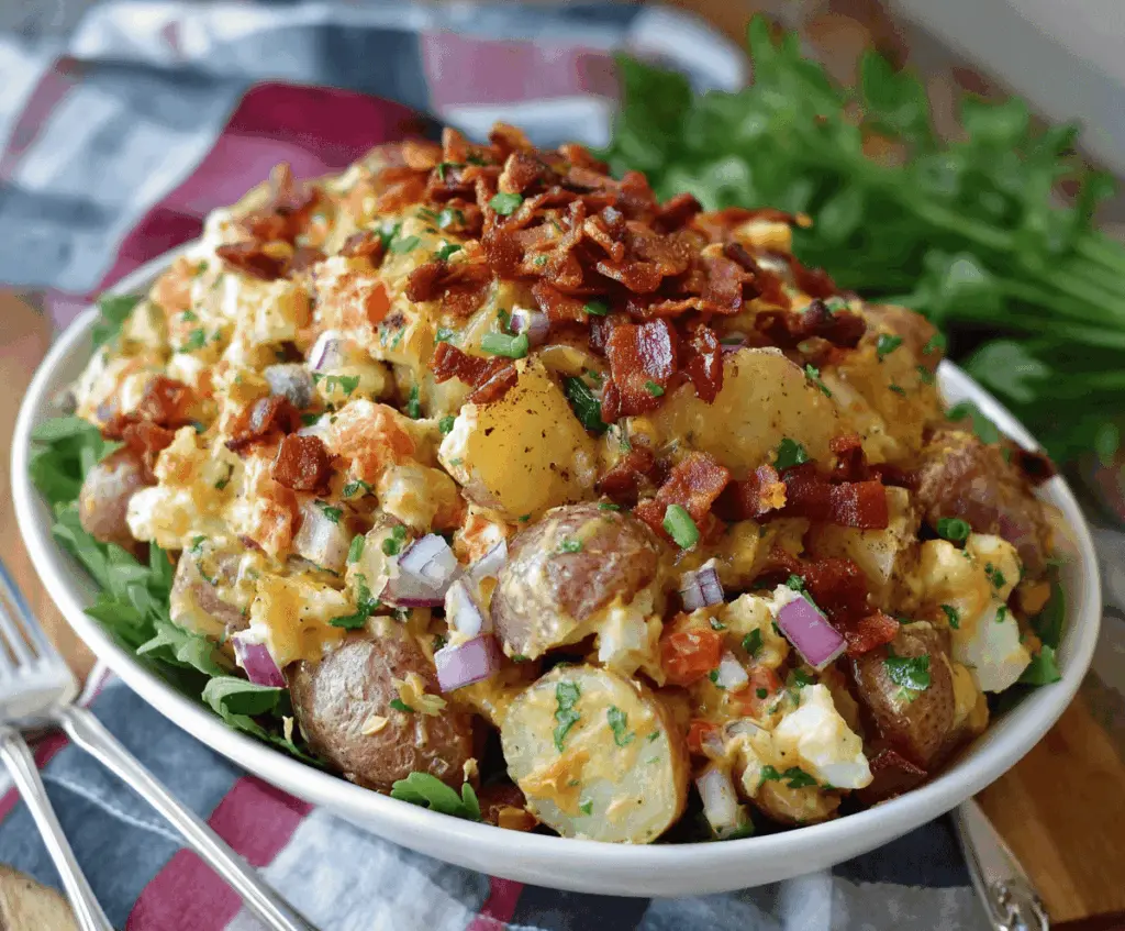 Creamy potato salad with barbecue-inspired flavors, featuring diced potatoes, herbs, and a tangy dressing, perfect as a classic BBQ side dish.
