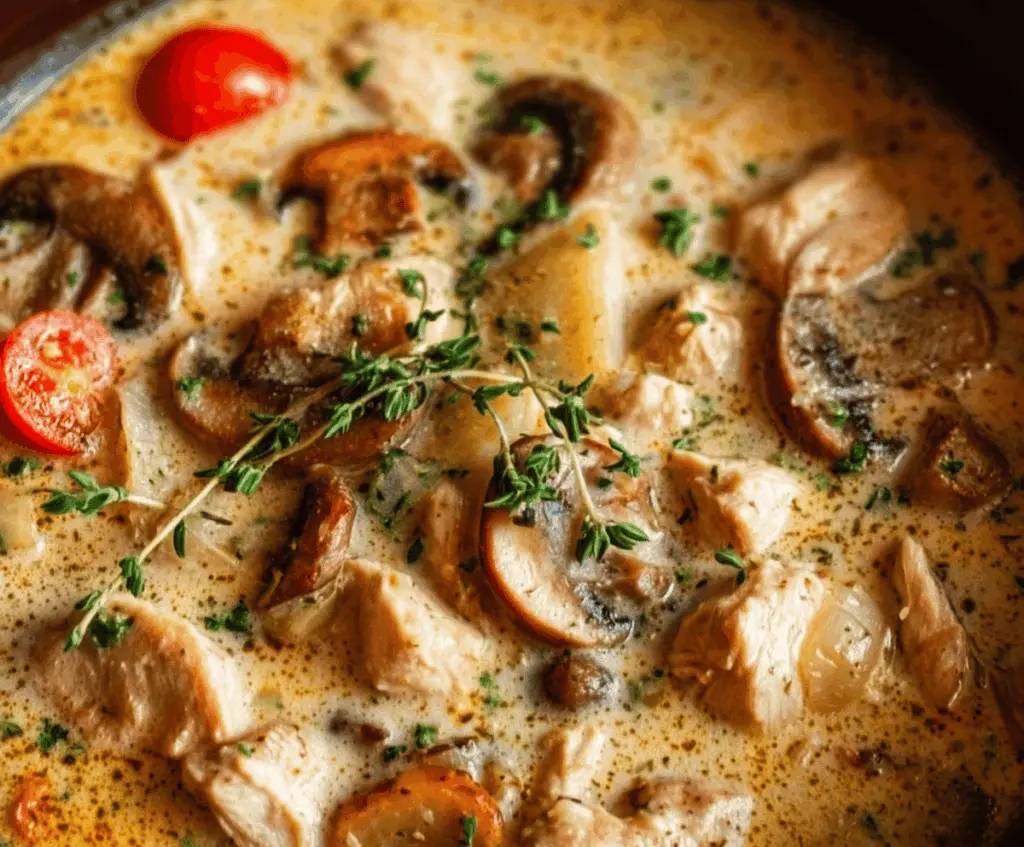 A bowl of creamy chicken and mushroom stew garnished with fresh herbs, featuring tender chicken pieces and sliced mushrooms in a rich, velvety sauce.