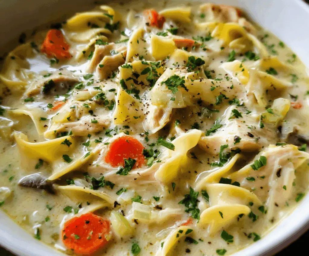 Creamy chicken noodle soup in a bowl with tender chicken, vegetables, and noodles, garnished with herbs, served in a cozy bowl.