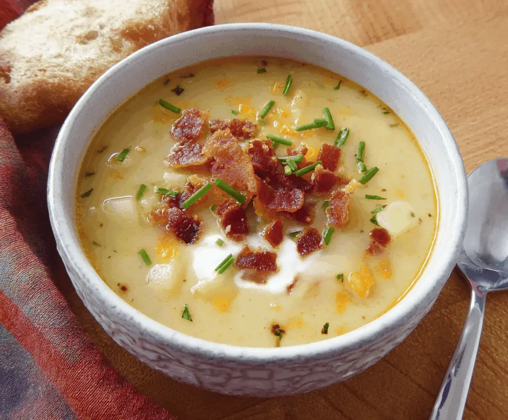 Creamy potato soup garnished with crispy bacon bits served in a rustic bowl, featuring a smooth texture and savory flavor