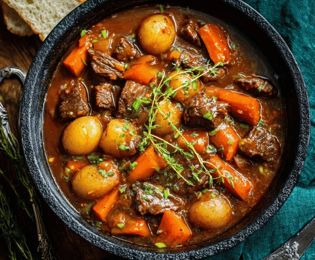 Hearty Dutch Oven Beef Stew with tender beef chunks, carrots, potatoes, and vegetables served in a rustic pot