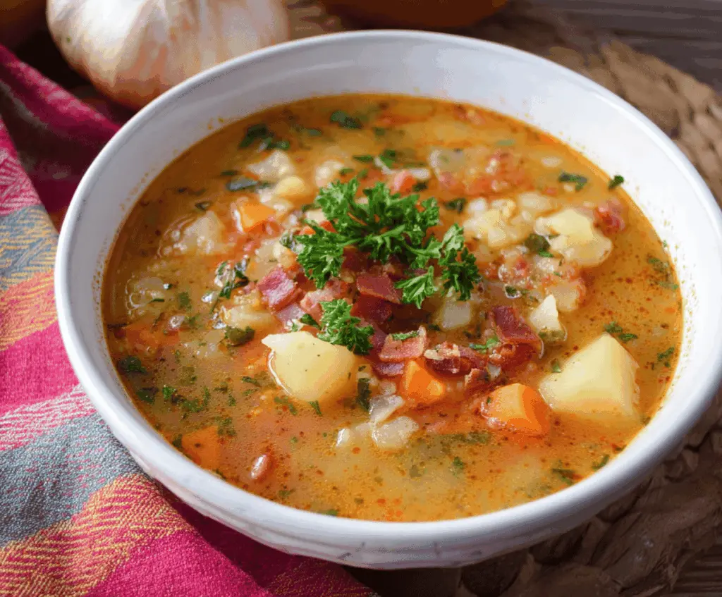 Creamy German Potato Soup in a bowl topped with fresh herbs, served with crusty bread on a rustic wooden table.