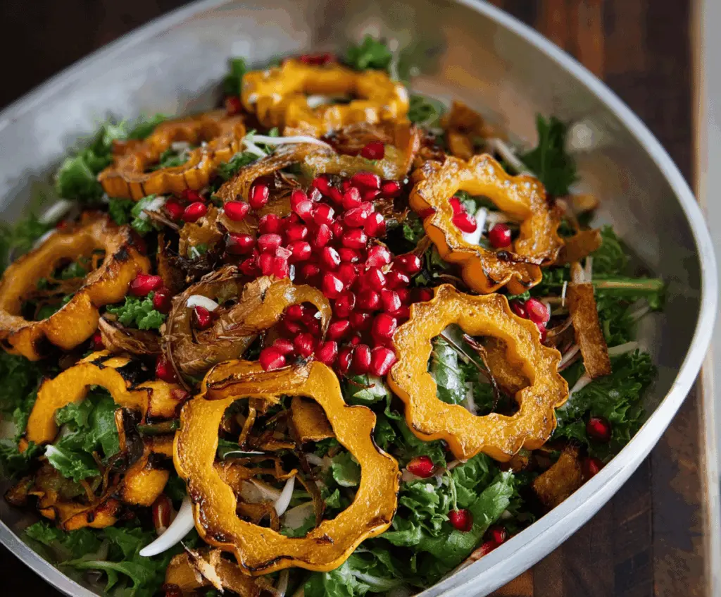 Colorful harvest salad featuring roasted delicata squash, juicy pomegranate seeds, mixed greens, and crunchy nuts, perfect for autumn enjoyment.