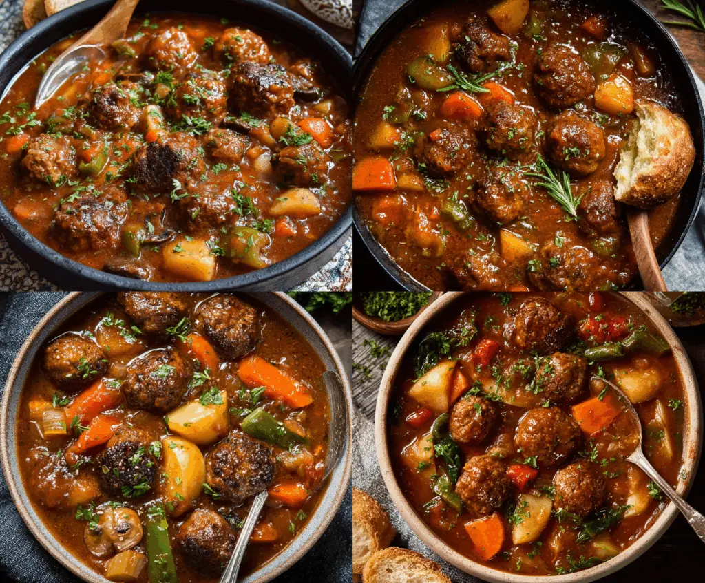 Delicious one-pot meatball stew with savory meatballs, vegetables, and rich broth served in a bowl