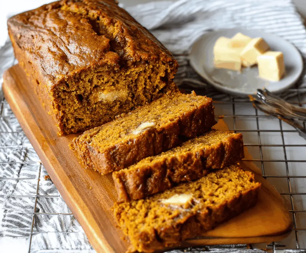 Homemade pumpkin banana bread sliced and served on a plate, featuring a moist, golden-brown crumb with a hint of cinnamon and pumpkin flavor