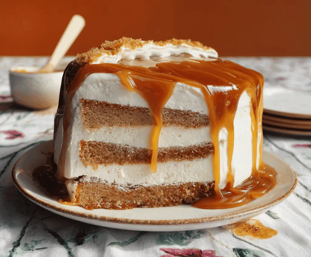 Delicious Pumpkin Layer Cake topped with rich caramel-cream cheese frosting, perfect for fall celebrations and holiday desserts
