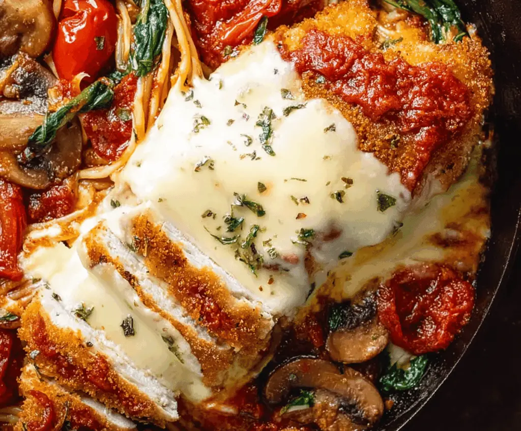 Creamy Pumpkin Parmesan Chicken Skillet with fresh herbs and roasted vegetables on a rustic plate