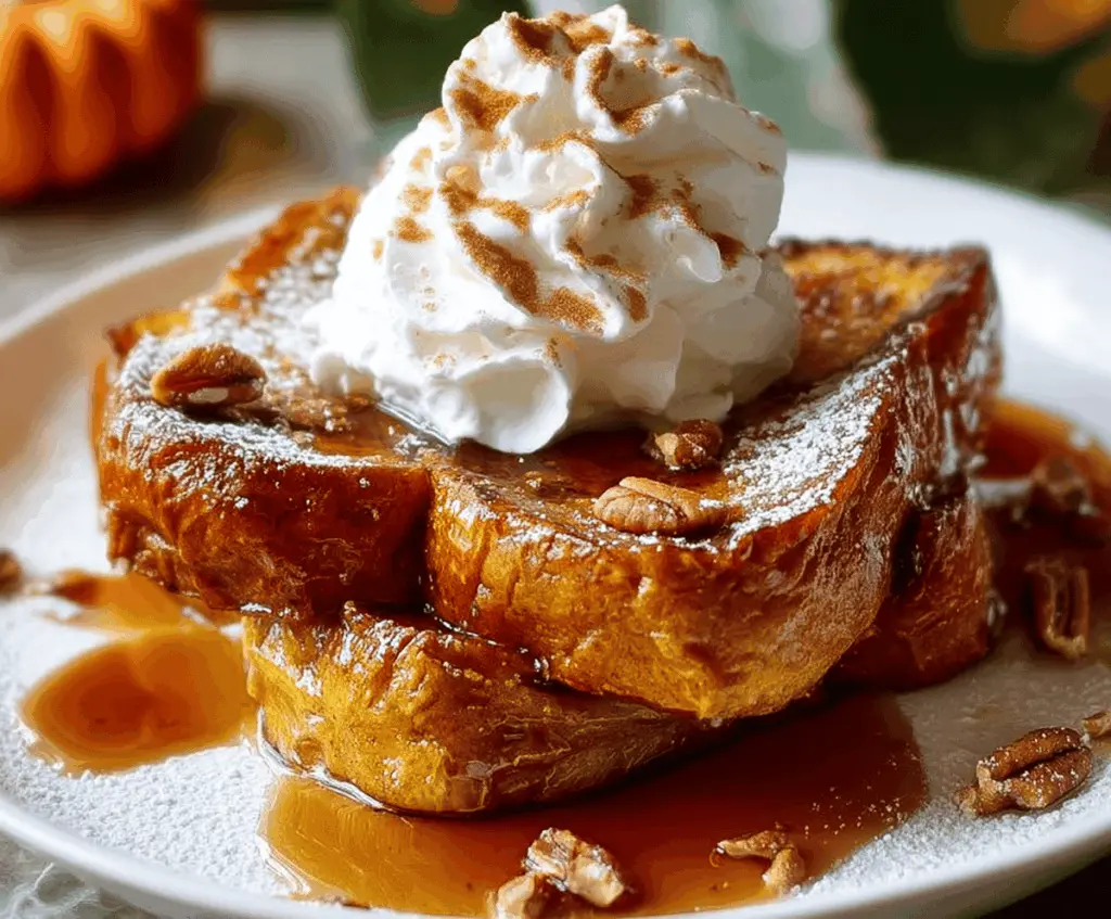 Delicious Pumpkin Pie French Toast topped with whipped cream and cinnamon, served with fresh maple syrup on a festive autumn plate.