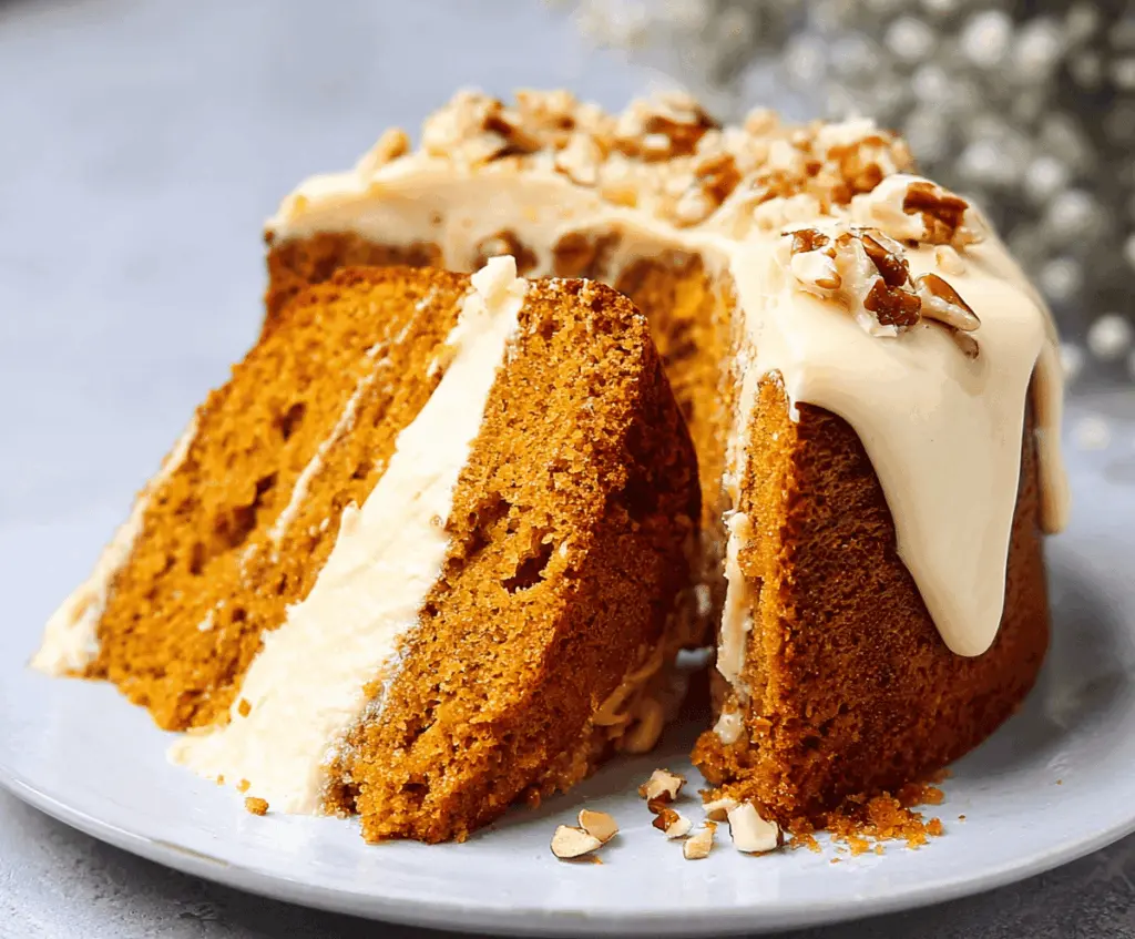 Delicious homemade Pumpkin Spice Cake topped with cream cheese frosting and garnished with cinnamon and pumpkin seeds, perfect for fall celebrations.
