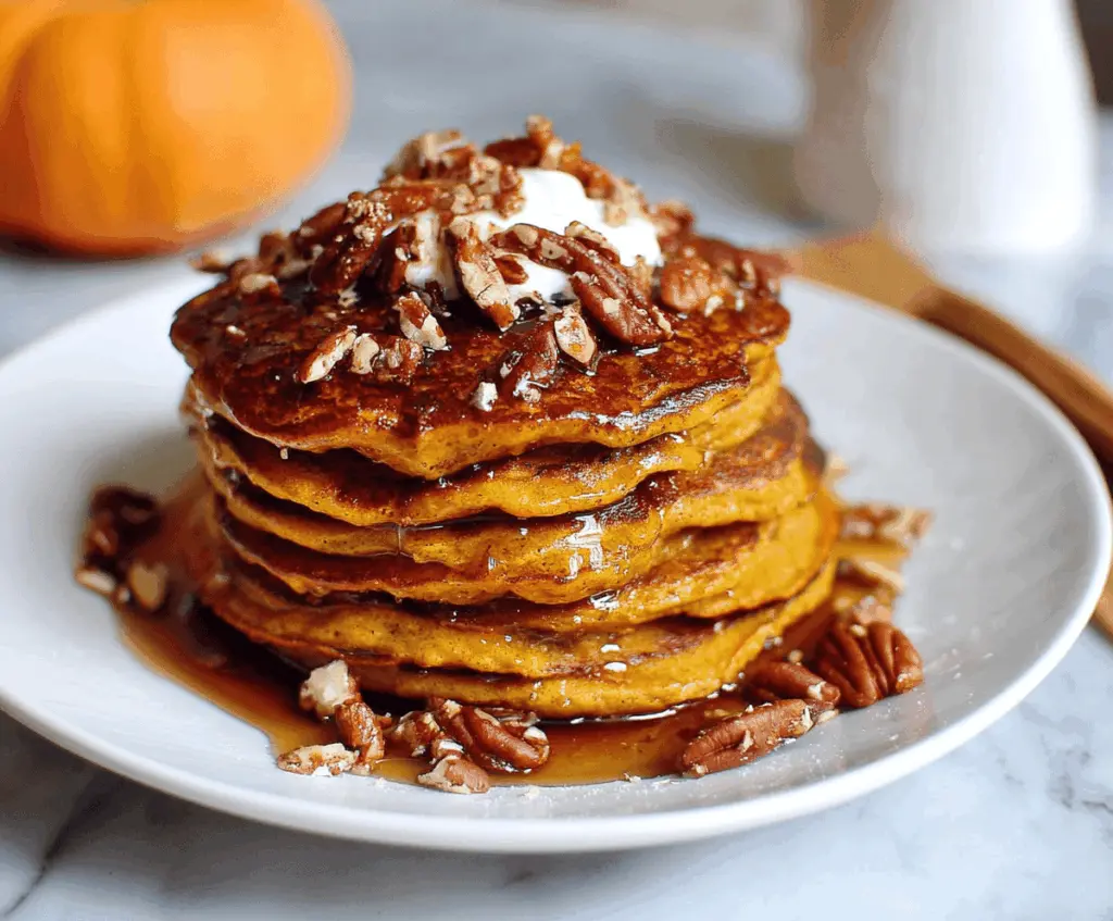 Delicious pumpkin spice pancakes topped with whipped cream and cinnamon, perfect for a cozy fall breakfast.
