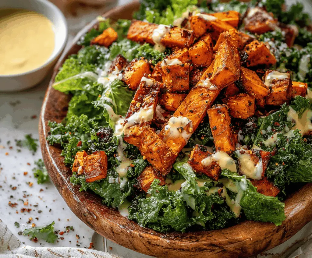 Colorful roasted sweet potato and fresh kale salad topped with crumbled cheese and a lemon vinaigrette, perfect for a healthy meal