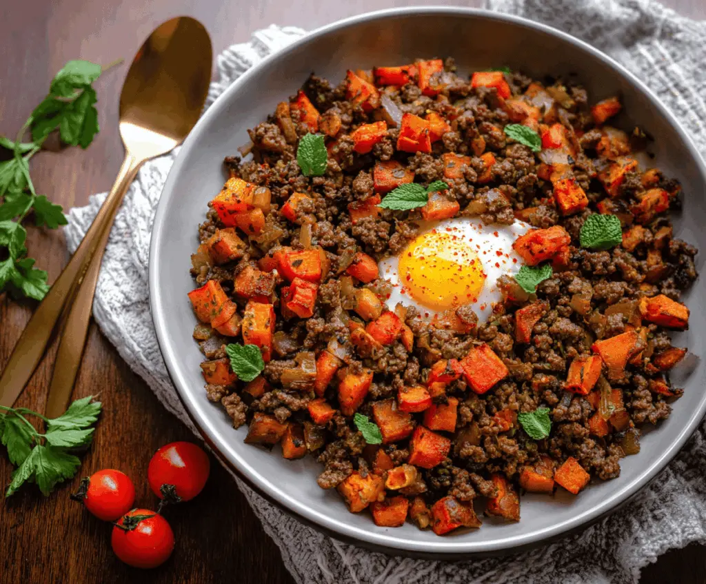 Sheet-pan ground beef and sweet potato hash served on a baking sheet with fresh herbs and vegetables for a healthy, easy-to-make dinner
