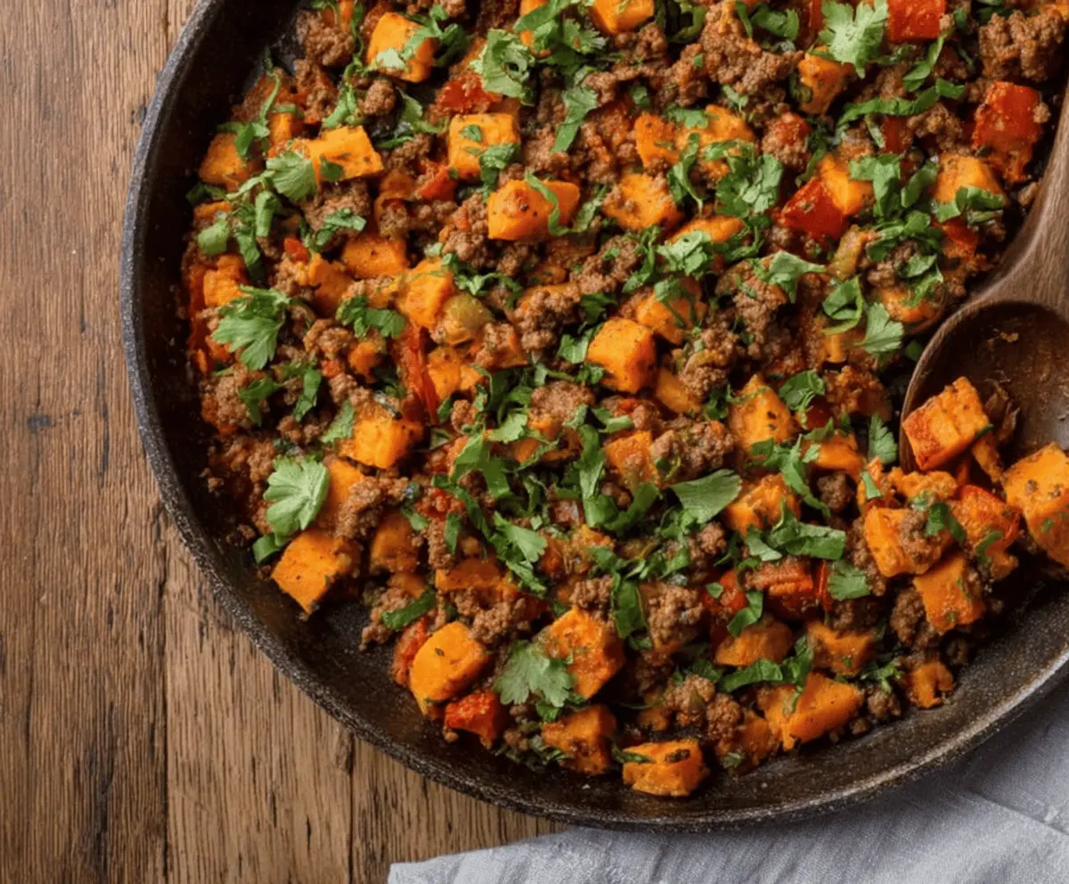 Sheet-Pan Ground Beef and Sweet Potato Hash