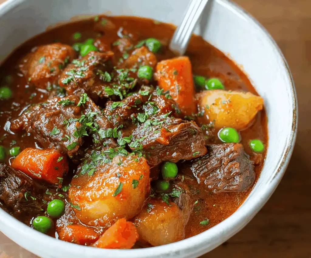 Delicious slow cooker beef stew with tender beef chunks, carrots, potatoes, and herbs served in a rustic bowl