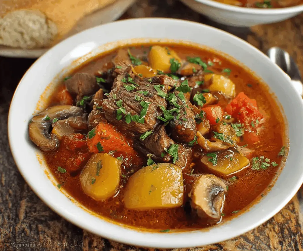 Hearty Slow Cooker Italian Beef Stew with tender beef chunks, vegetables, and herbs served in a rustic bowl