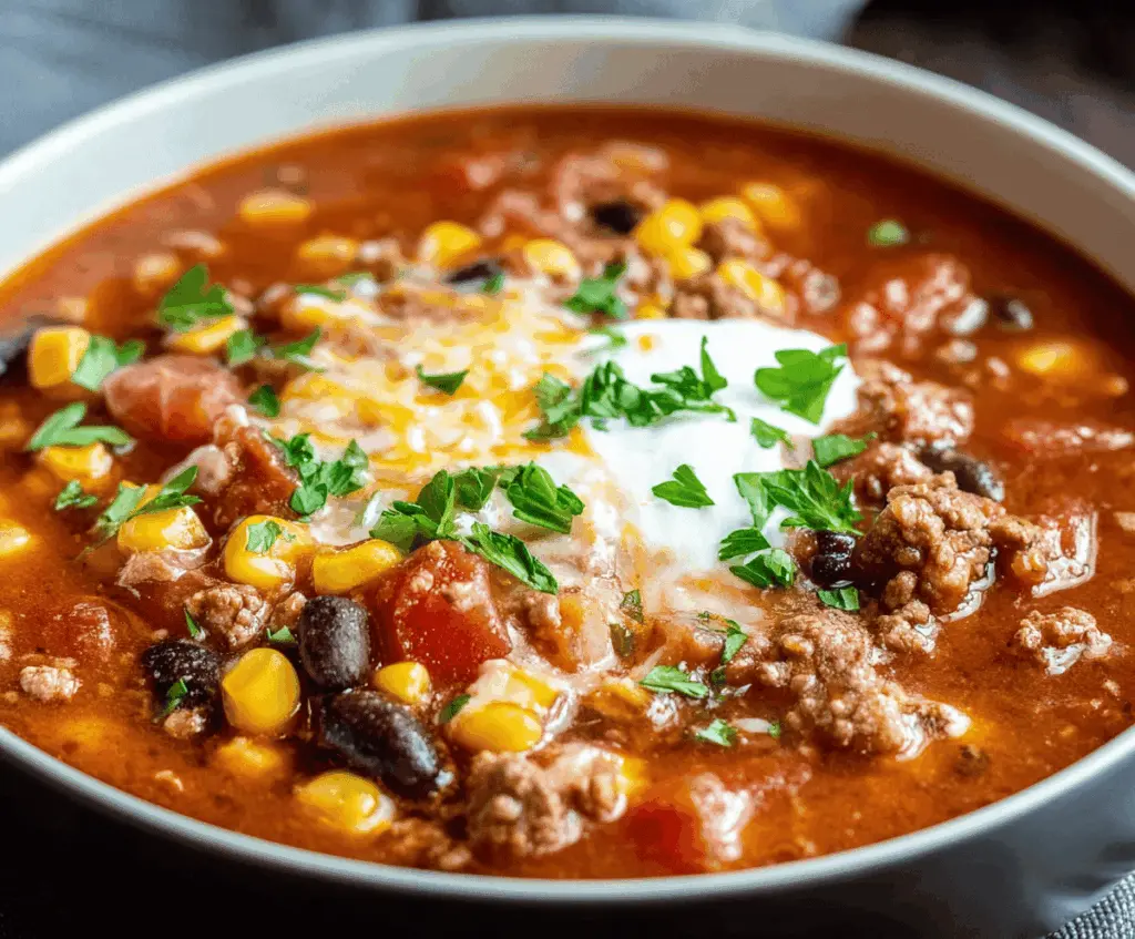 A bowl of flavorful Slow Cooker Taco Soup garnished with shredded cheese, fresh cilantro, and sour cream, ready to serve.