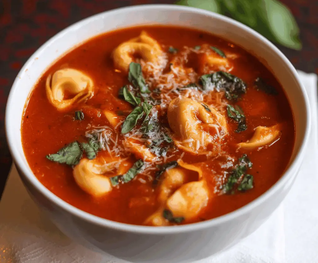 Creamy slow cooker tomato tortellini soup with fresh basil and melted cheese, served in a bowl