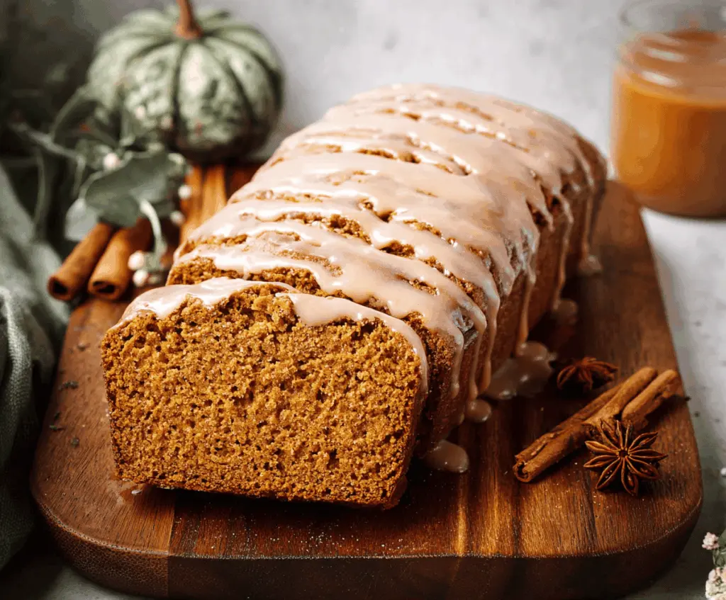 Delicious spiced pumpkin bread topped with cinnamon glaze, perfect for fall baking and holiday treats