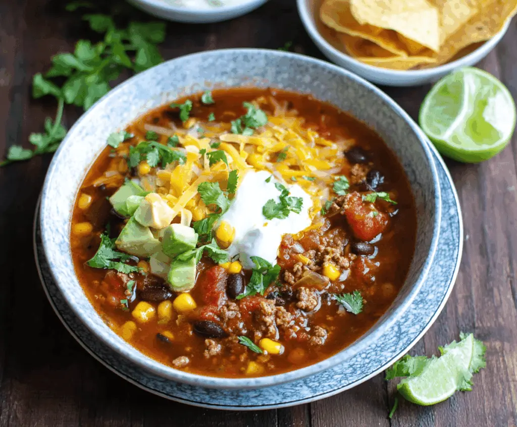 Delicious stovetop taco soup in a bowl with fresh toppings, served in a rustic kitchen setting