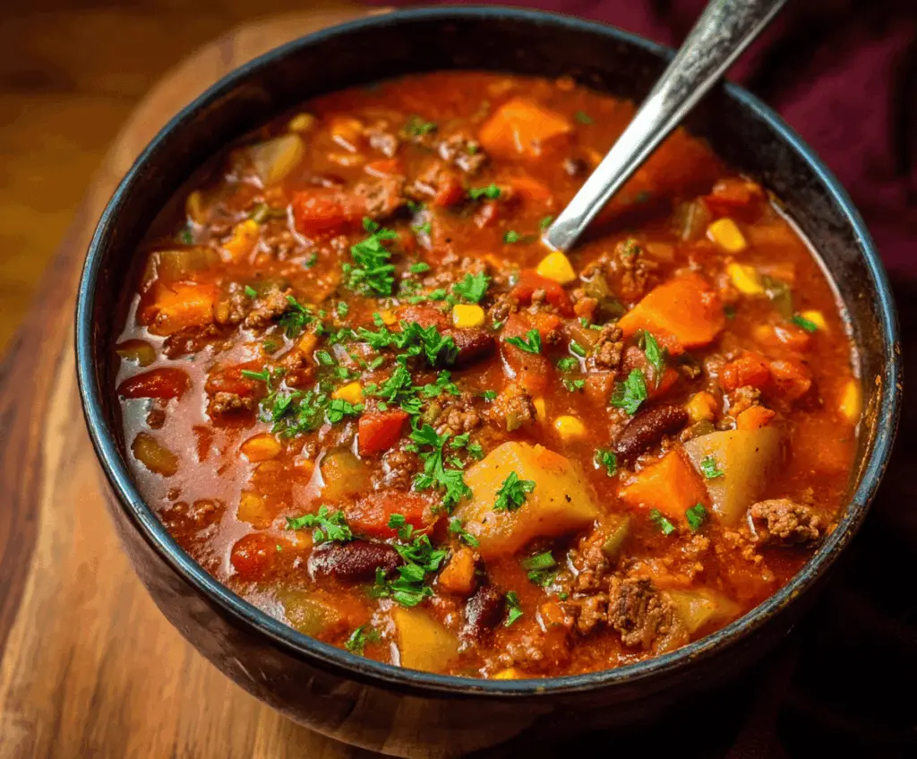 Hearty Texas Cowboy Stew with chunks of beef, potatoes, corn, and beans in a flavorful broth, served in a rustic bowl.
