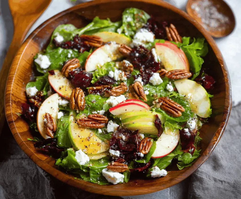 Delicious TikTok Apple Goat Cheese Pecan Salad featuring fresh sliced apples, creamy goat cheese, crunchy pecans, and mixed greens, perfect for a healthy and flavorful meal.