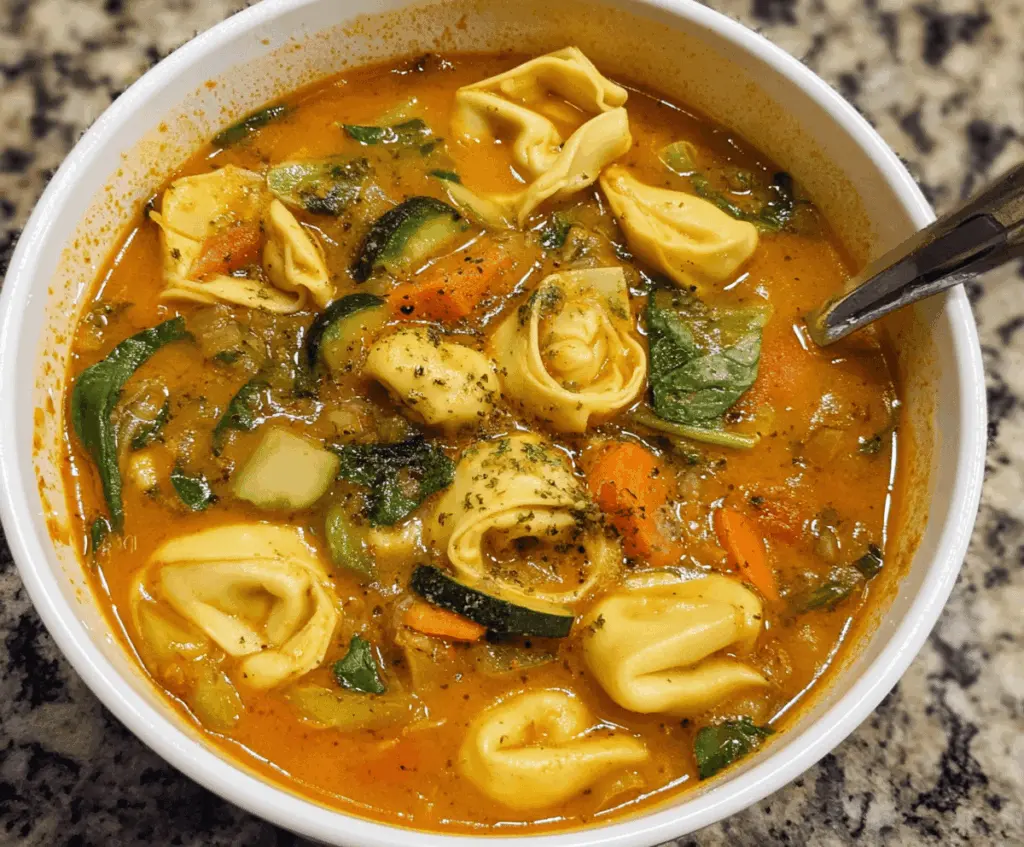 A bowl of Vegetable Tortellini Soup featuring colorful tortellini, fresh vegetables, and herbs in a savory broth, perfect for a comforting and healthy meal.