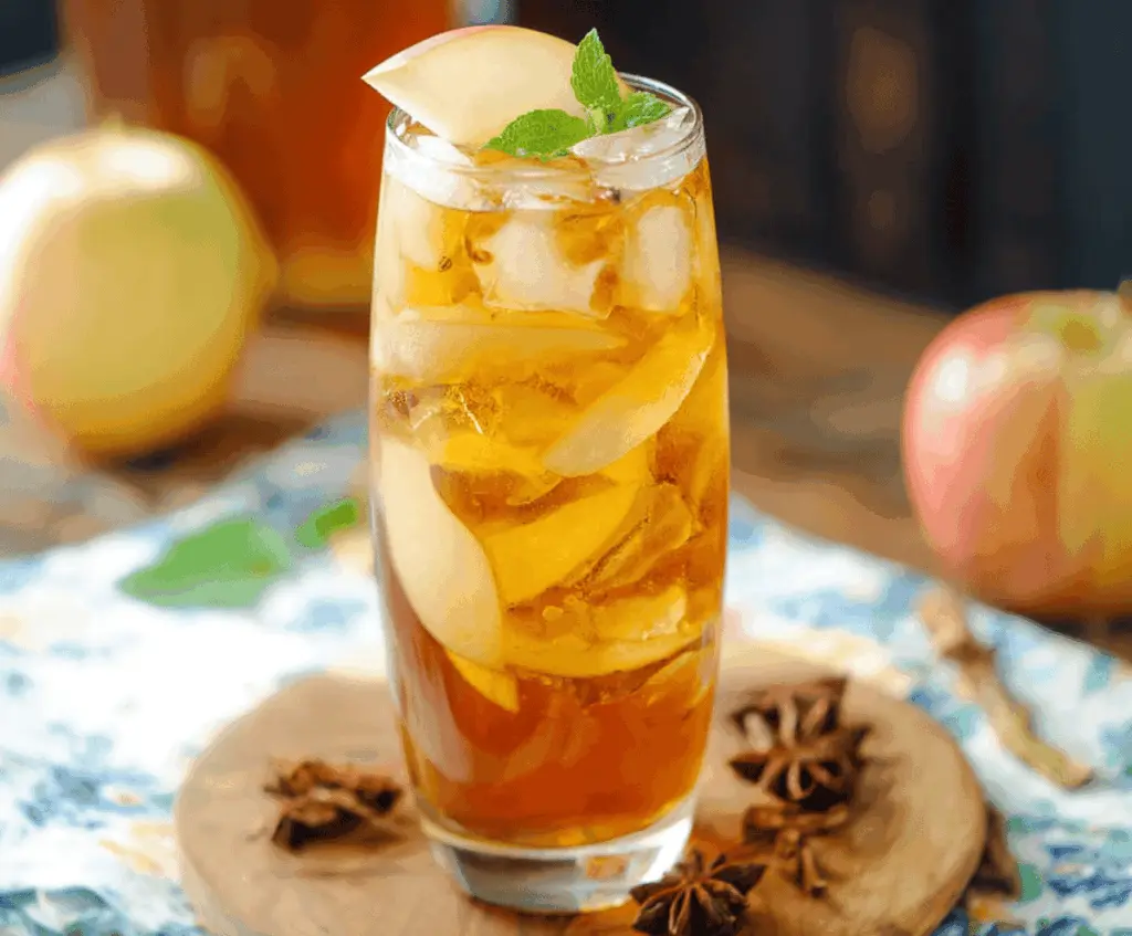 Refreshing apple butter iced tea served in a glass with ice and apple slices, perfect for a cool summer beverage.