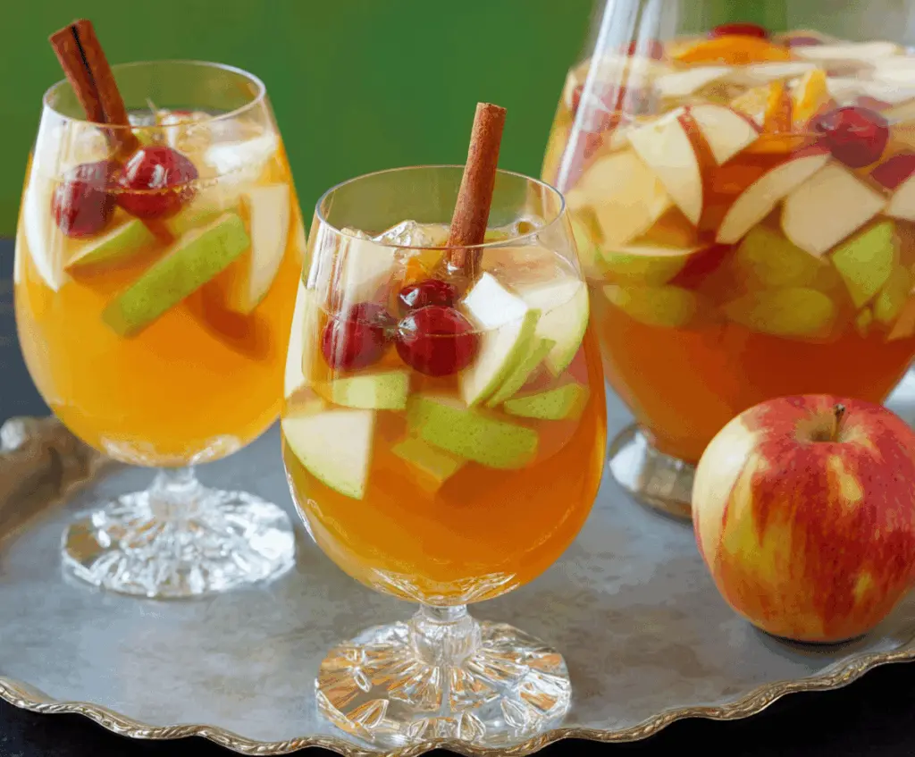 Refreshing Apple Cider Sangria with Fresh Fall Fruits in a glass pitcher, featuring sliced apples, oranges, and seasonal berries for a festive autumn drink.