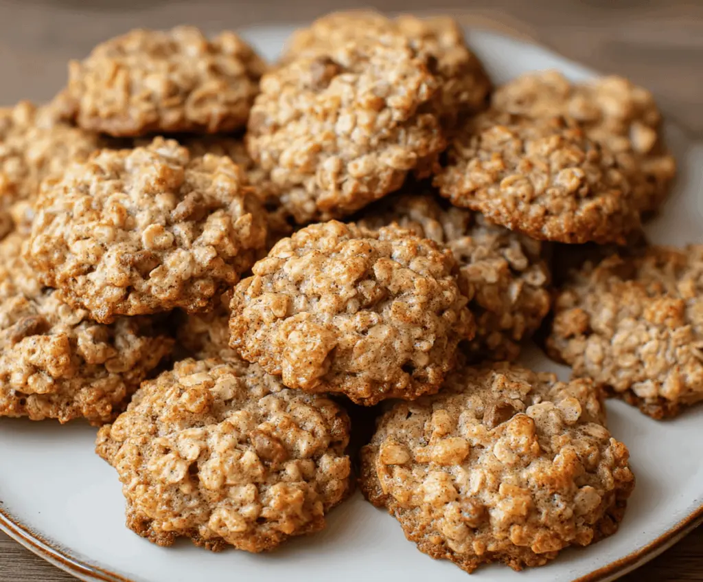 Delicious homemade apple cinnamon oatmeal cookies with a golden-brown crust and visible chunks of fresh apples and cinnamon, perfect for a comforting snack or dessert.