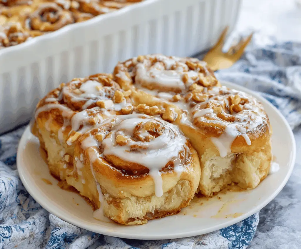Delicious homemade apple pie cinnamon rolls topped with icing, featuring warm cinnamon-spiced apple filling and golden baked dough