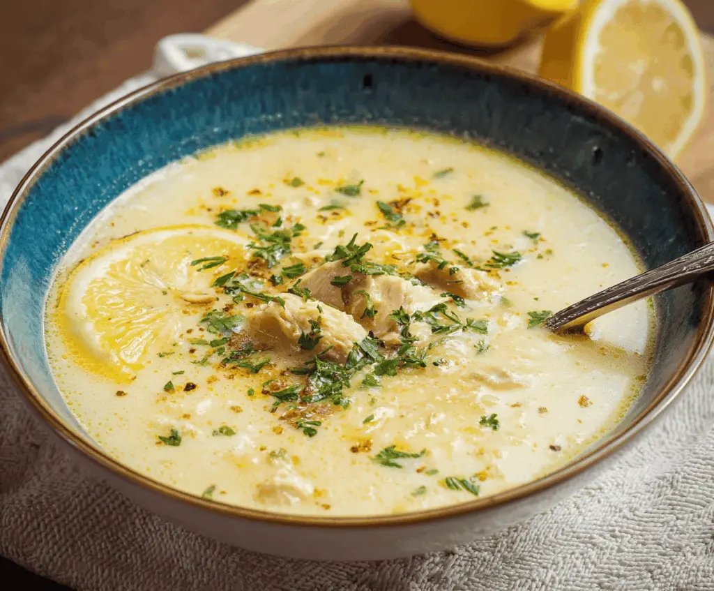 Creamy Greek Avgolemono Soup with lemon, chicken, and rice garnished with fresh herbs in a bowl