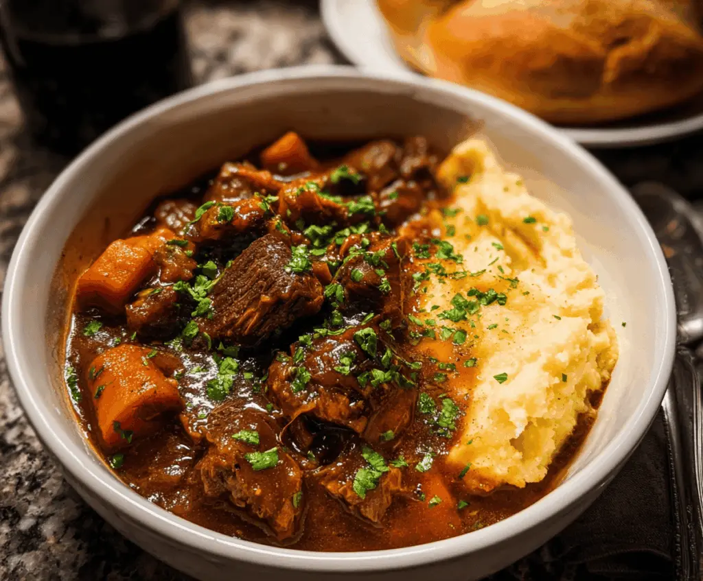 Hearty beef and Guinness stew with tender meat, vegetables, and rich gravy in a rustic bowl.