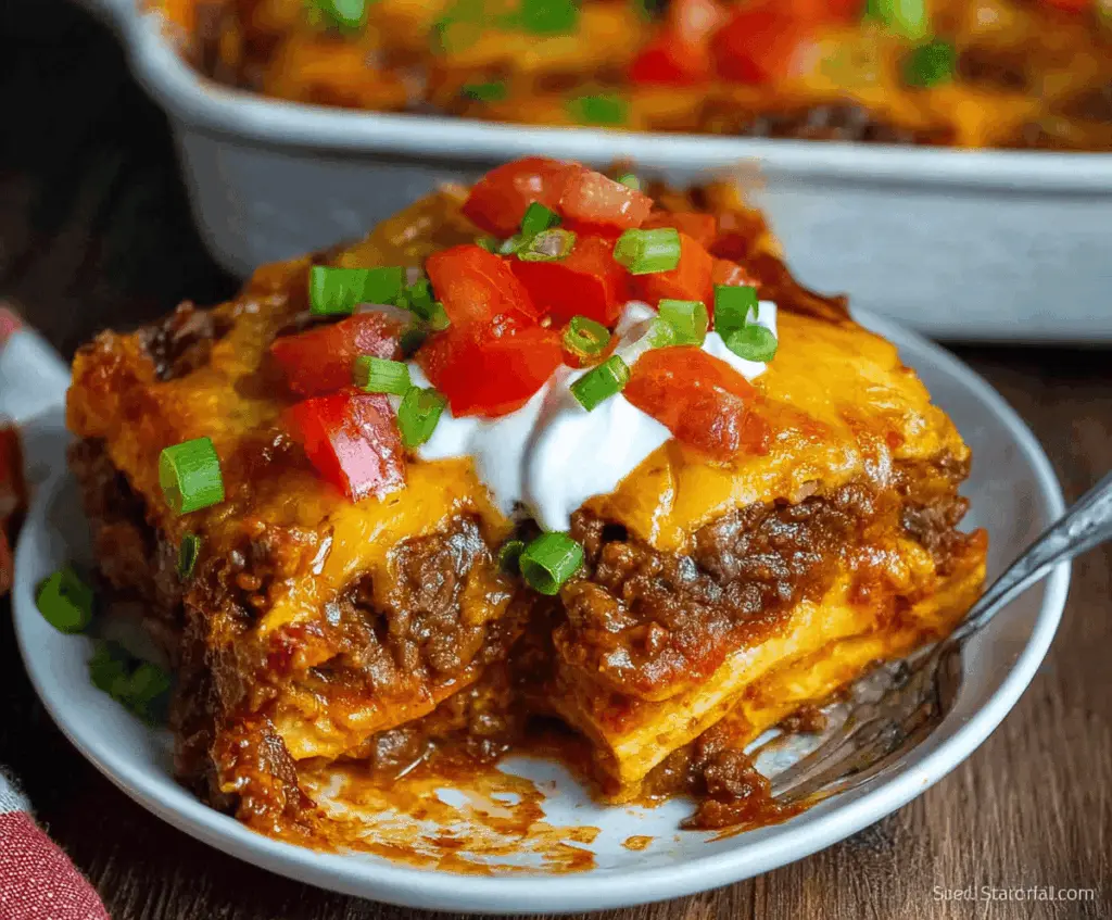 Delicious Beef Enchilada Casserole topped with melted cheese, fresh cilantro, and sliced jalapenos ready to serve