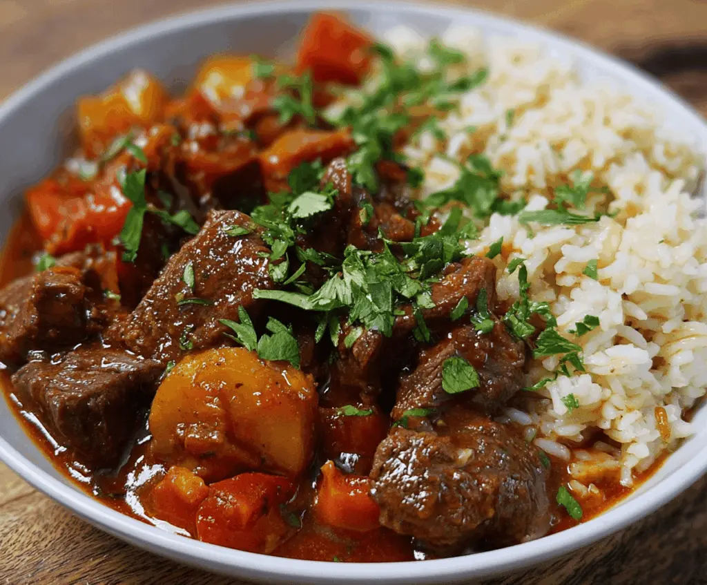 Delicious beef stew served with fluffy rice, featuring tender beef chunks, hearty vegetables, and savory gravy perfect for a comforting meal.