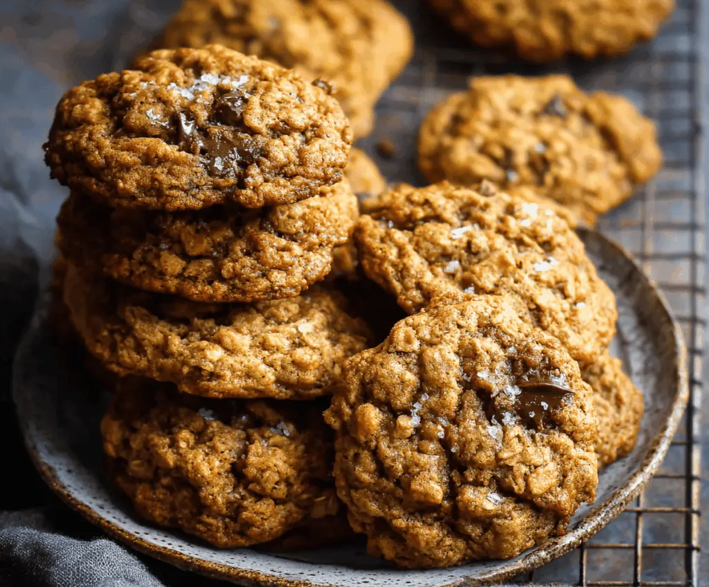 Golden brown Brown Butter Pumpkin Oatmeal Cookies on a baking sheet, showcasing their chewy texture and pumpkin flavor, perfect for fall desserts.