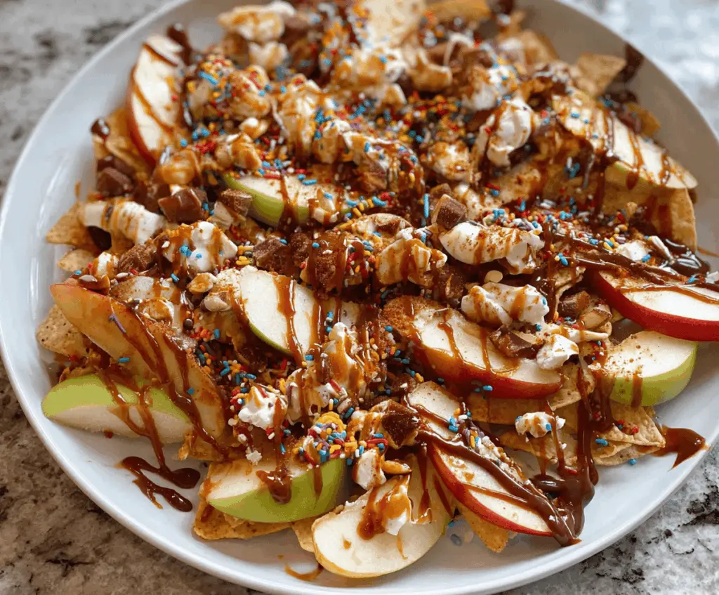 Delicious caramel apple nachos topped with chopped apples, caramel drizzle, and sprinkled with nuts and chocolate chips on a white plate