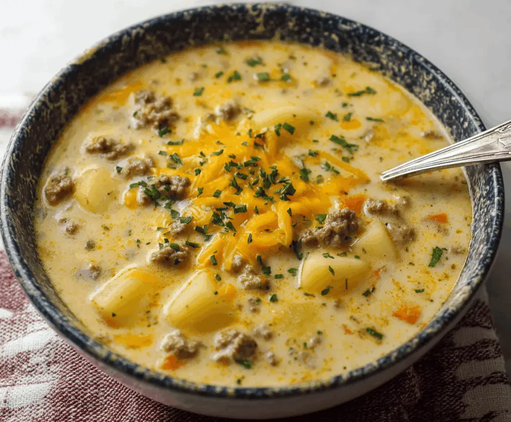Creamy cheesy hamburger potato soup served in a bowl with melted cheese, ground beef, and chopped herbs, perfect for a comforting meal