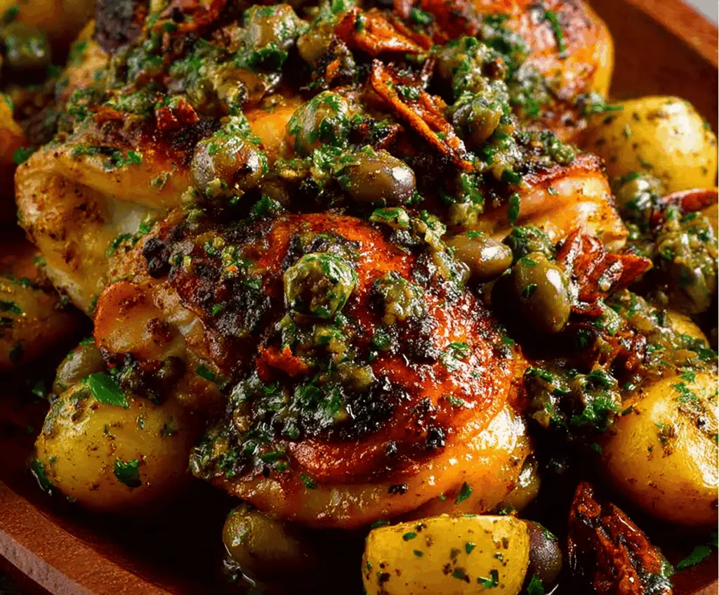 Delicious Chicken Marbella dish featuring roasted chicken with olives, dried apricots, and herbs on a serving platter