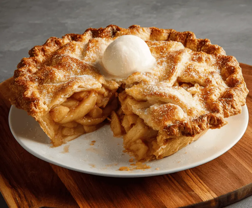 Delicious homemade classic apple pie with golden crust and sweet apple filling, ready to serve