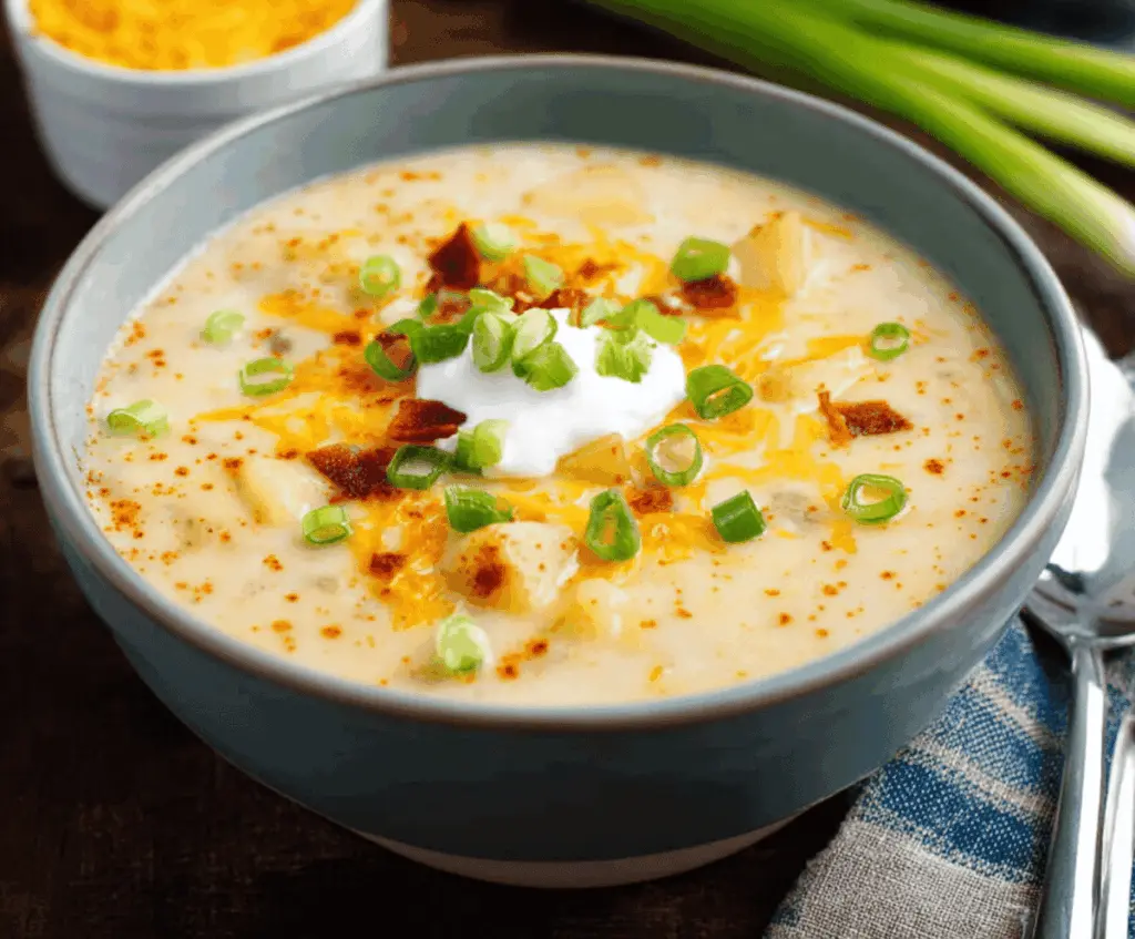 Creamy Copycat Panera Rustic Baked Potato Soup in a bowl with crispy bacon and fresh herbs, perfect for comforting winter meals